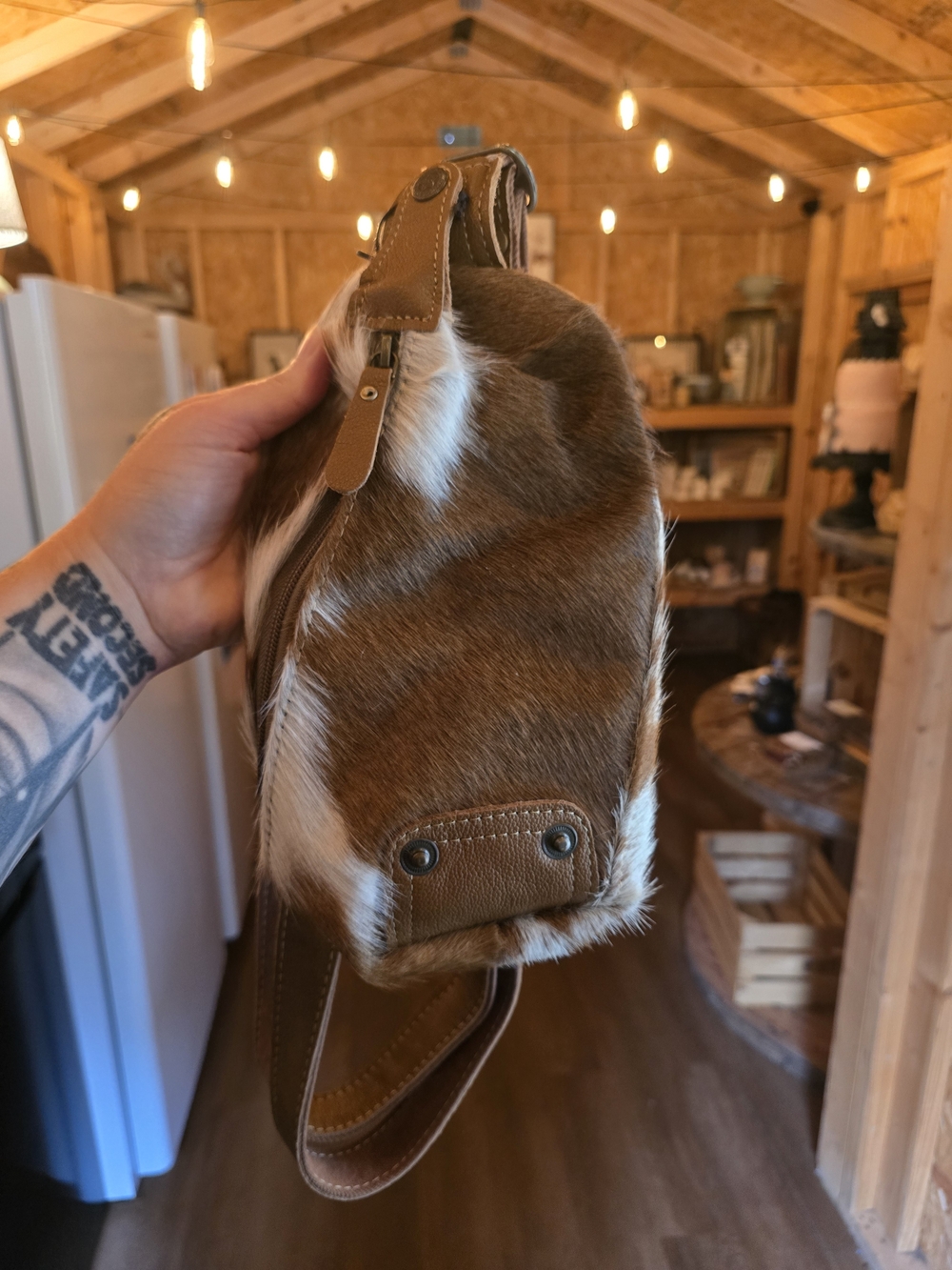 Myra Bag Brown and White Cowhide Crossbody Sling